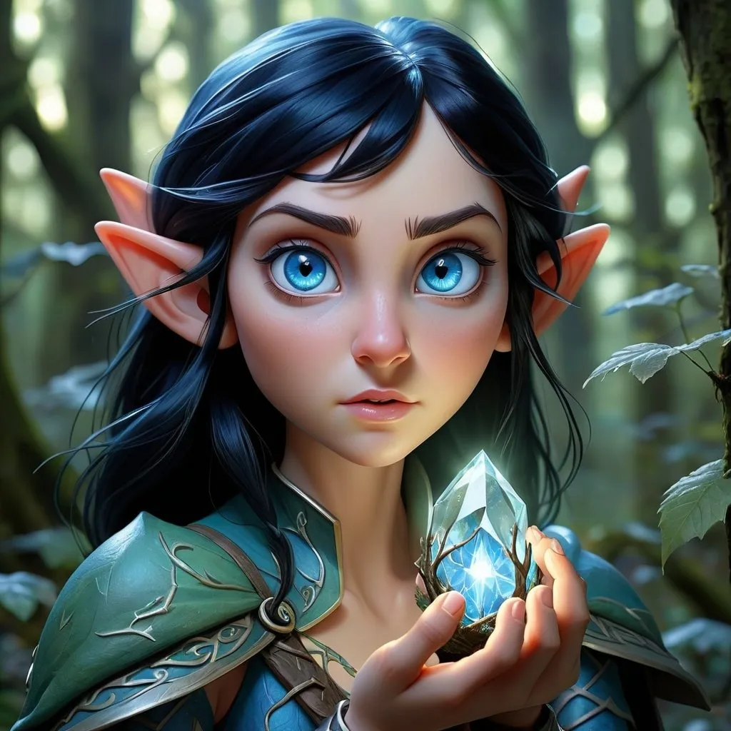 Prompt: Elf mage with crystal blue eyes and black hair, lost in a dark forest, searching for the guiding light of a fairy, highres, detailed, fantasy, magical, mystical, cool tones, atmospheric lighting, enchanting, woodland setting, detailed eyes, intricate design, professional