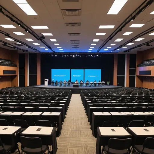 Prompt: A stage setup of 8 3foot podiums in a straight line facing the seated audience in the auditorium with laptops on all eight with one huge monitor screen behind the podiums displaying the activity of the 8 laptops during the Word Check Challenge Competition to the seated audience
