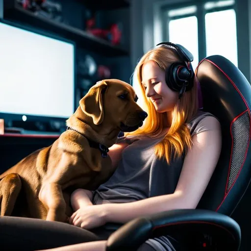 Prompt: Cute Gamer snuggling her Labrador dog in gaming chair 
DONT SHOW FACE
DARK ENVIRONMENT