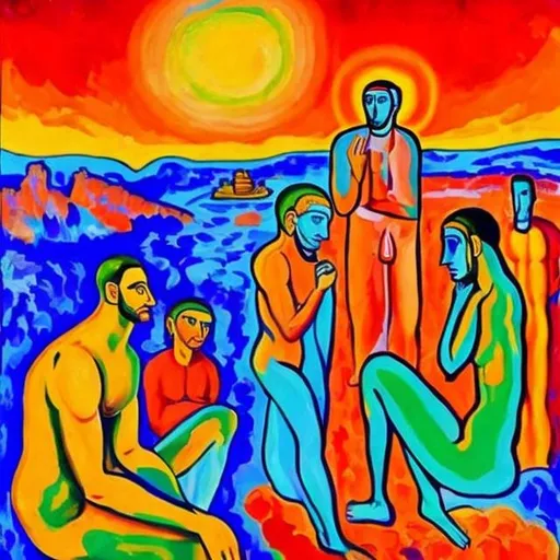 Prompt: A fauvist painting, on the banality of man, which focuses on ancient spirituality throughout human history