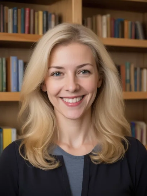 Prompt: a woman with blonde hair smiling for the camera in a room with wooden shelves and a bookcase behind her, Elaine Duillo, art & language, professional photo, a character portrait