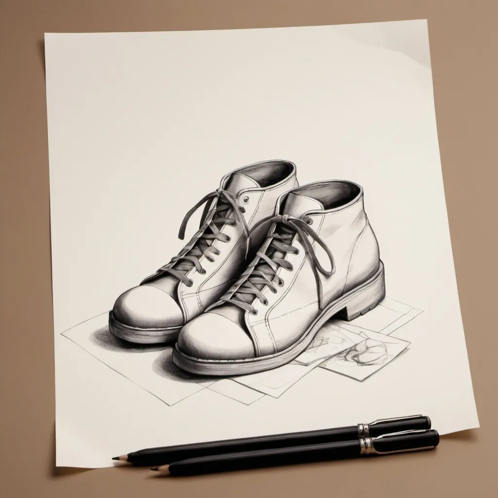 Prompt: a piece of paper with a drawing of shoes on it and a pair of shoes on the bottom of the paper, Correggio, lyco art, concept design art, concept art