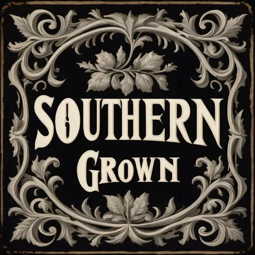 Prompt: The word “southern grown” in a western scene in a gothic font.