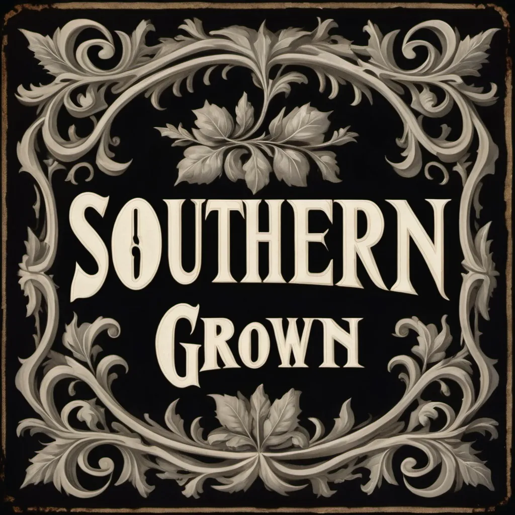 Prompt: The word “southern grown” in a western scene in a gothic font.