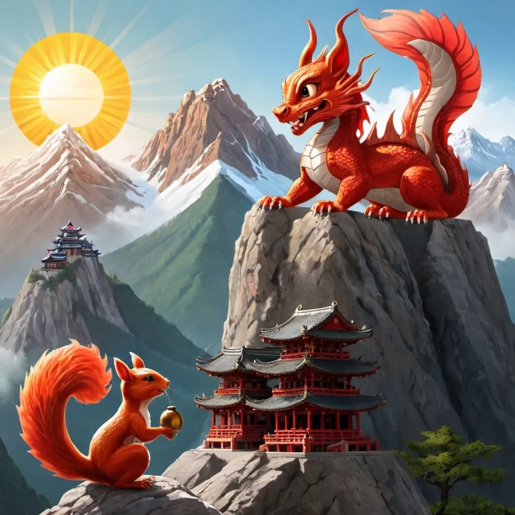 Prompt: Dragon, Squirrel, Mountain, Temple, sun