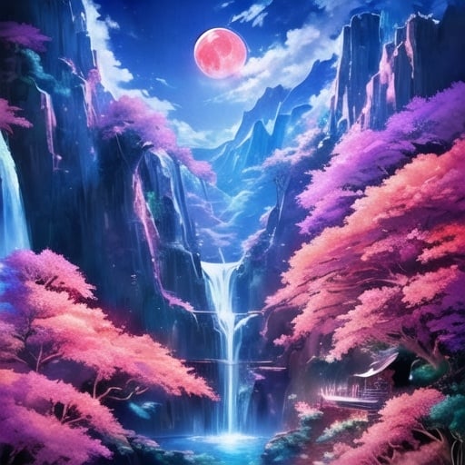 Prompt: Waterfall over the red moon with flying dragons breathing ove air