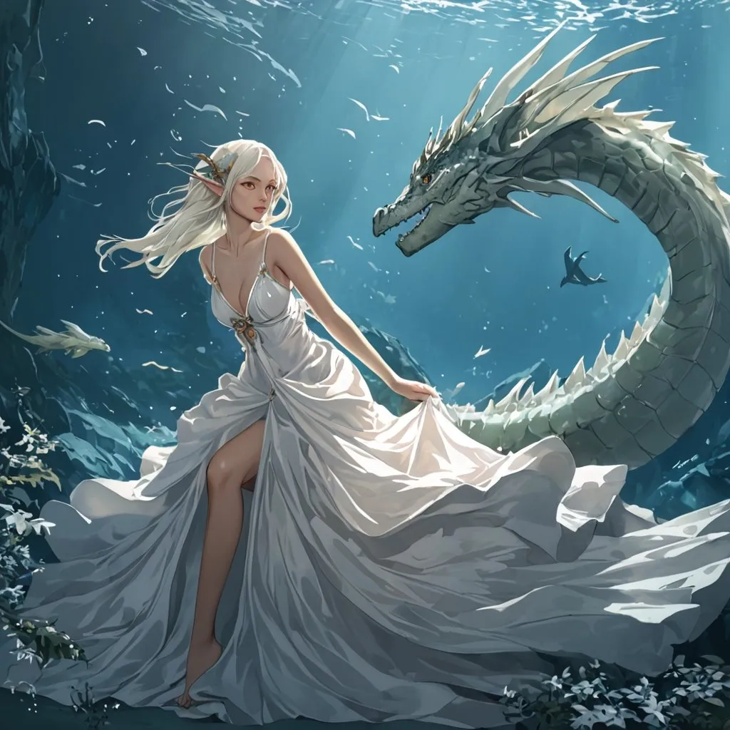 Prompt: Elf in a white dress and a sea dragon