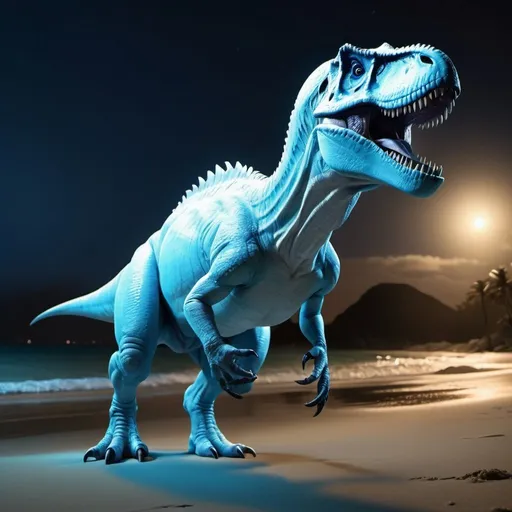 Prompt: White Tyrannosaurus Rex with dark Blue Feathers on the back at the Beach at night when the throat starts glowing cyan behind in her mouth realistic