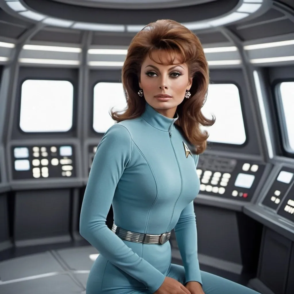 Prompt: Sophia Loren in Star Trek (60's), atletic, wide view a huge muscular woman, a full body woman, , light skin, PERFECT AND WHITE TEETH. in the bridge (space ship) .high resolution, 4k, detailed, high quality, professional, thiN lines, intricate details, beautiful colors