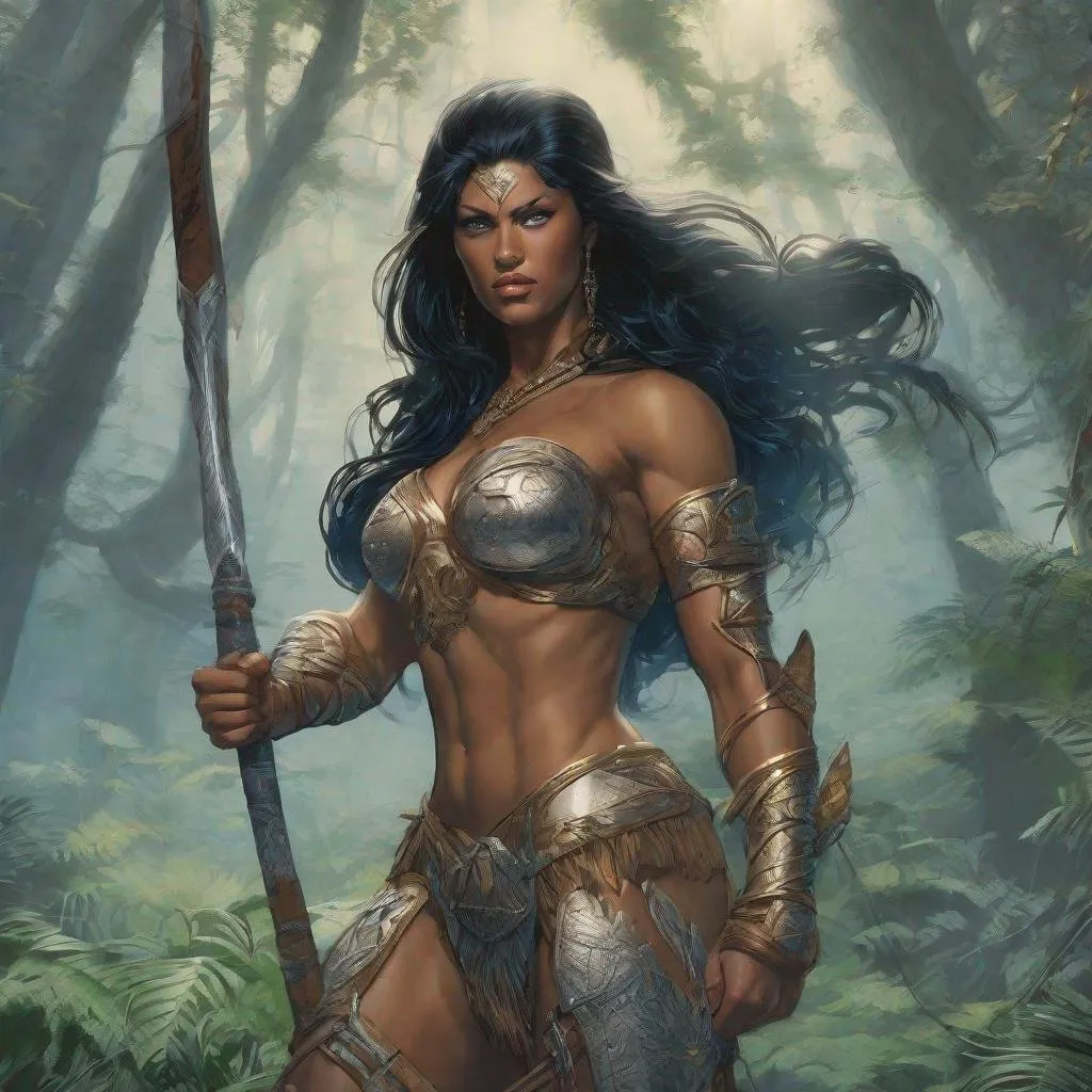 Prompt: FURIUS AND PRETTY AMAZONS WARRIOR, ALEX ROSS art,  atletic, wide view a huge muscular woman, a full body woman, long black hair, blue eyes, light DARK skin. in THE FOREST WITH FOG .high resolution, 4k, detailed, high quality, professional, thiN lines, intricate details, beautiful colors