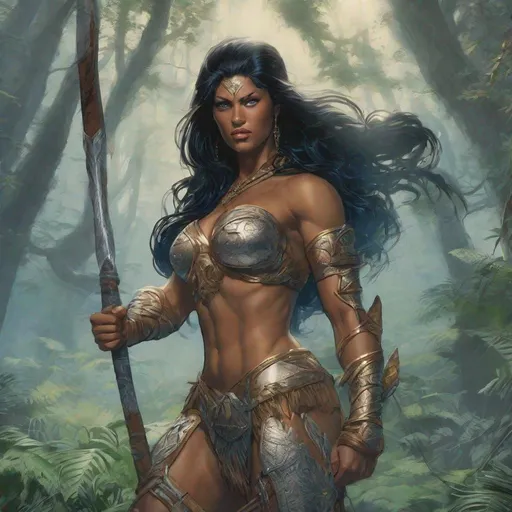 Prompt: FURIUS AND PRETTY AMAZONS WARRIOR, ALEX ROSS art,  atletic, wide view a huge muscular woman, a full body woman, long black hair, blue eyes, light DARK skin. in THE FOREST WITH FOG .high resolution, 4k, detailed, high quality, professional, thiN lines, intricate details, beautiful colors