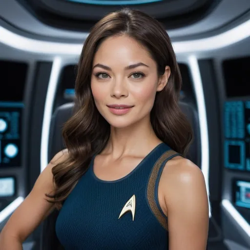 Prompt: kristin kreuk in Star Trek (60's), atletic, wide view a huge muscular woman, a full body woman, CURLY long BLACK hair, LIGHT BROWN eyes, light skin, PERFECT AND WHITE TEETH. in the bridge (space ship) .high resolution, 4k, detailed, high quality, professional, thiN lines, intricate details, beautiful colors