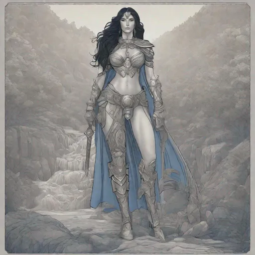 Prompt:  PRICESS AMAZONS WARRIORS,  atletic, wide view a huge muscular woman, a full body woman, long BLACK hair, BLUE eyes, light  skin. in THE FALLS WITH FOG .high resolution, 4k, detailed, high quality, professional, thiN lines, intricate details, beautiful colors