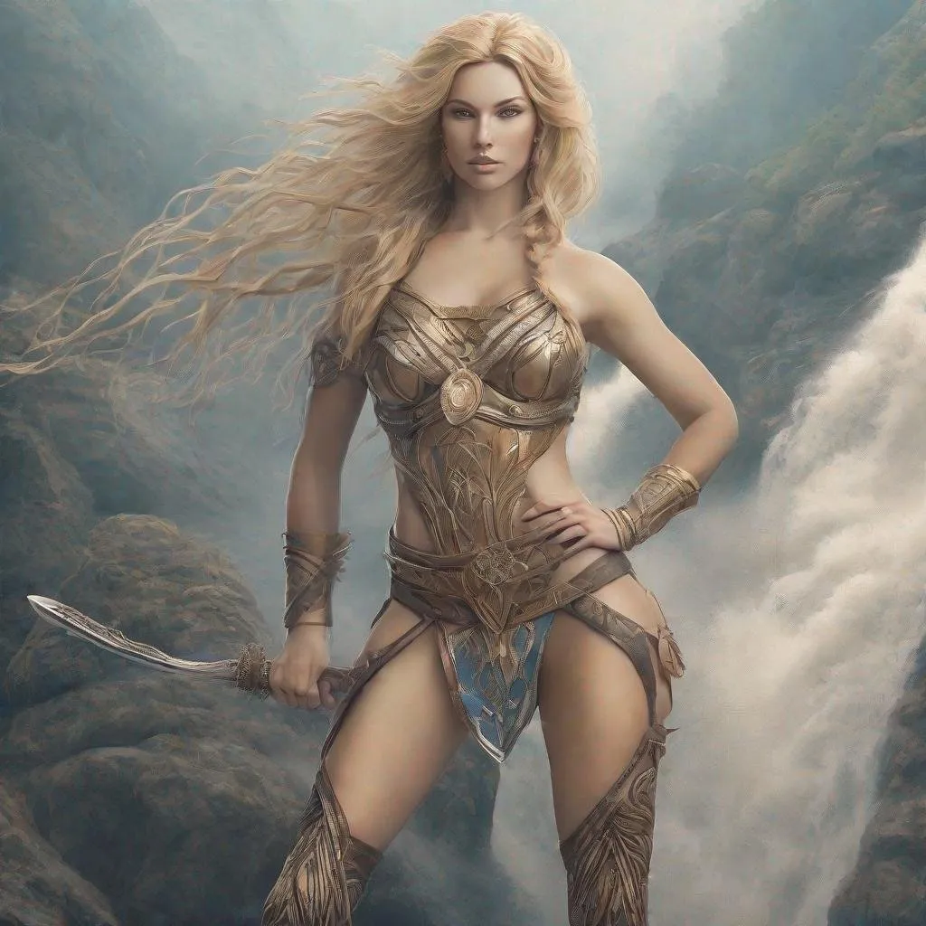 Prompt:  PRICESS AMAZONS WARRIORS,  atletic, wide view a huge muscular woman, a full body woman, long BLONDE hair, BLUE eyes, light  skin. in THE FALLS WITH FOG .high resolution, 4k, detailed, high quality, professional, thiN lines, intricate details, beautiful colors