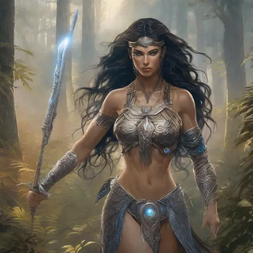 Prompt: FURIUS AND PRETTY AMAZON WARRIOR, ALEX ROSS art,  atletic, wide view a huge muscular woman, a full body woman, long black hair, blue eyes, light DARK skin. in THE FOREST WITH FOG .high resolution, 4k, detailed, high quality, professional, thiN lines, intricate details, beautiful colors