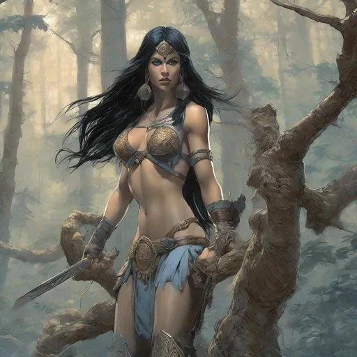 Prompt: FURIUS AND PRETTY AMAZON WARRIOR, frazetta art,  atletic, wide view a huge muscular woman, a full body woman, long black hair, blue eyes, light DARK skin. in THE FOREST WITH FOG .high resolution, 4k, detailed, high quality, professional, thiN lines, intricate details, beautiful colors