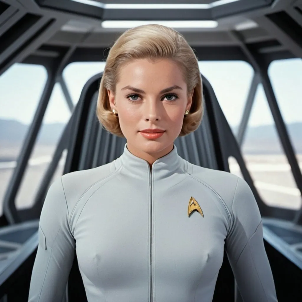 Prompt: Grace Kelly in Star Trek (60's), atletic, wide view a huge muscular woman, a full body woman, , light skin, PERFECT AND WHITE TEETH. in the bridge (space ship) .high resolution, 4k, detailed, high quality, professional, thiN lines, intricate details, beautiful colors