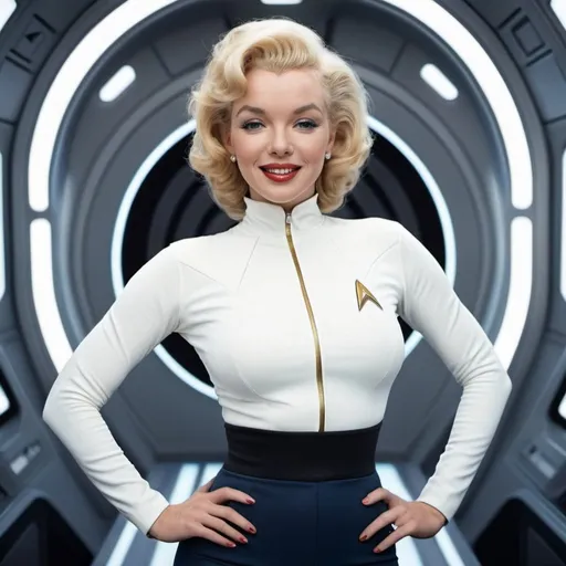 Prompt: Marilyn Monroe in Star Trek (60's), atletic, wide view a huge muscular woman, a full body woman, , light skin, PERFECT AND WHITE TEETH. in the bridge (space ship) .high resolution, 4k, detailed, high quality, professional, thiN lines, intricate details, beautiful colors