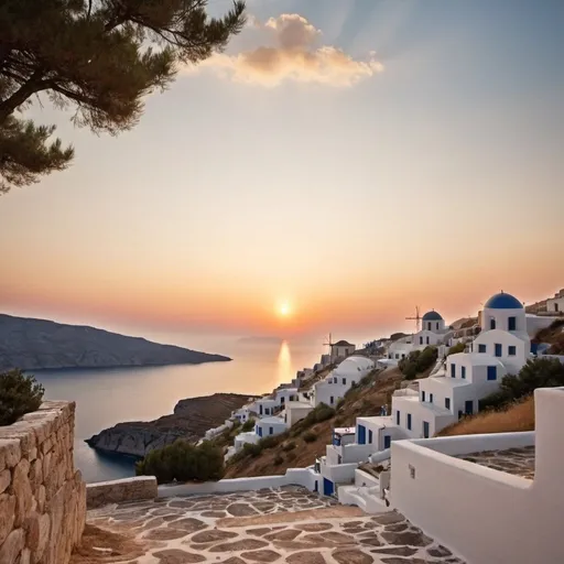 Prompt: Setting the photo in an idyllic Greek summer landscape where the sun sets