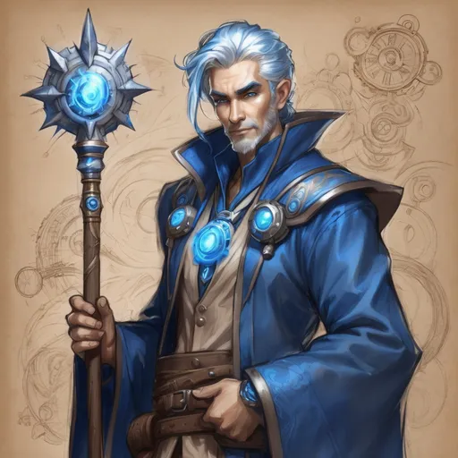 Prompt: sketch character concept, blue robe, steampunk staff, 2 year old time mage male, silver hair, on light brown paper.world of warcraft art, pencil detail texture