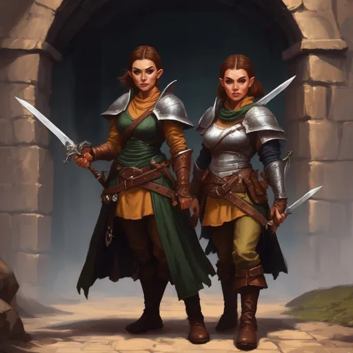 Prompt: two female halfling rogues wield daggers and battle guards dungeons & dragons style fantasy art