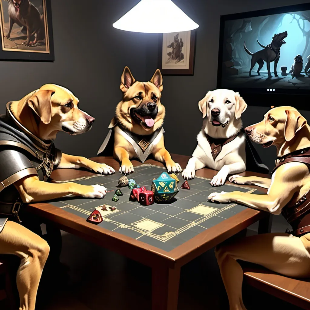 Prompt: 3 dogs and a dog dungeon master playing dnd around a table