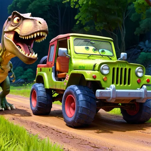 Prompt: Jurassic park jeep chased by T-rex