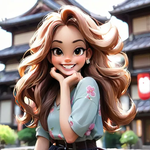 Prompt: Beautiful city girl with long hair smiling and enjoying her day out in Japan