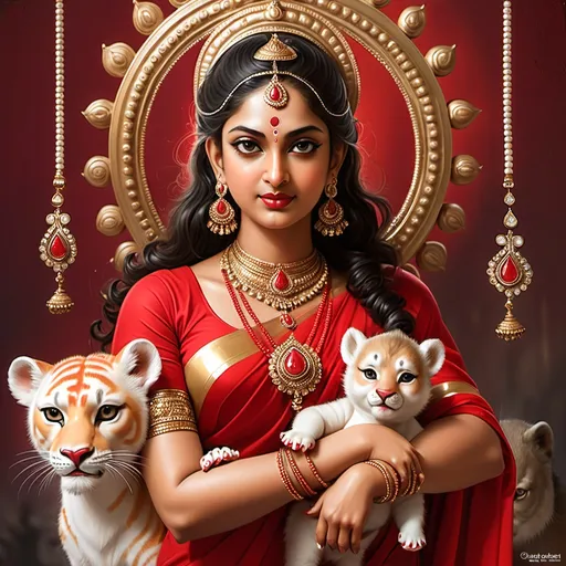 Prompt: Maa durga beautifully in a red saree adorned with jewellery with baby cub