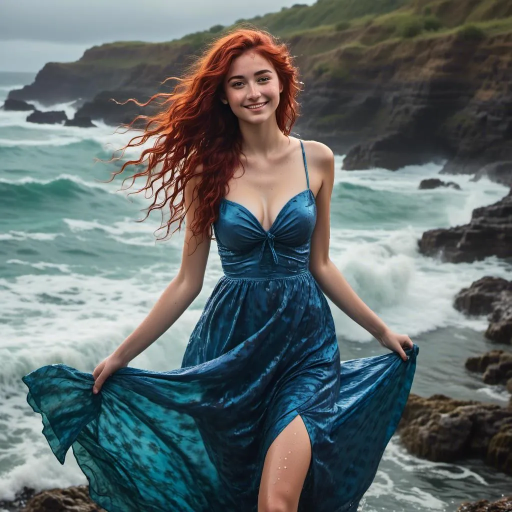 Prompt: <mymodel>wearing a blue gown ,standing by the sea,looking at the waves and feeling happy and satisfied