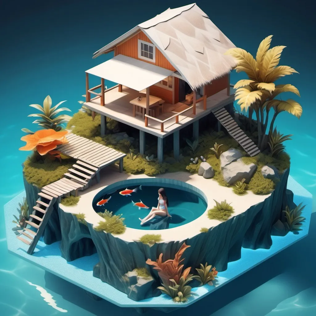 Prompt: miniature isometric world render, a hut surrounded by clear water, bahamas, on a table,koi fish swimming, pretty girl sitting at the edge