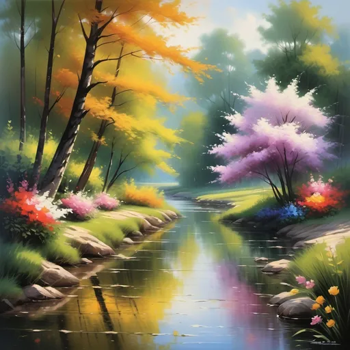 Prompt: (realism style), (impressionism), stunning natural landscape, vibrant colors, dynamic brush strokes, soft light filtering through lush trees, tranquil river scene, flowers in full bloom, atmospheric depth, inviting ambiance, evokes a sense of peace, natural beauty, high detail, ultra-detailed, captivating artistry, serene environment.