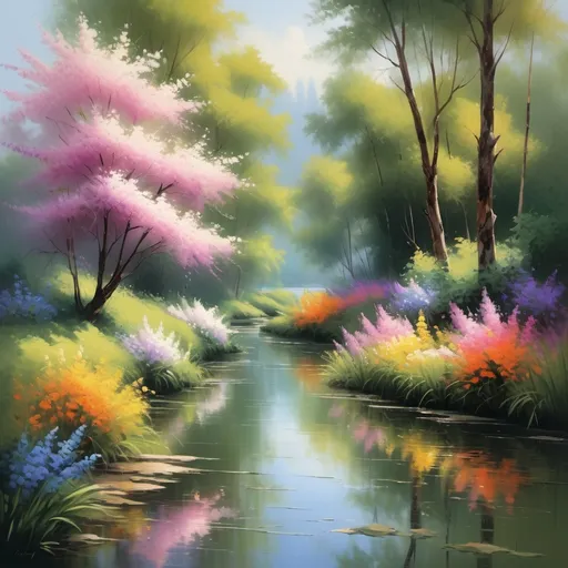 Prompt: (realism style), (impressionism), stunning natural landscape, vibrant colors, dynamic brush strokes, soft light filtering through lush trees, tranquil river scene, flowers in full bloom, atmospheric depth, inviting ambiance, evokes a sense of peace, natural beauty, high detail, ultra-detailed, captivating artistry, serene environment.