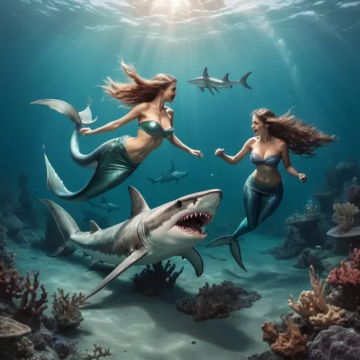 Prompt: mermaids fighting  hammerhead sharks in the ocean.