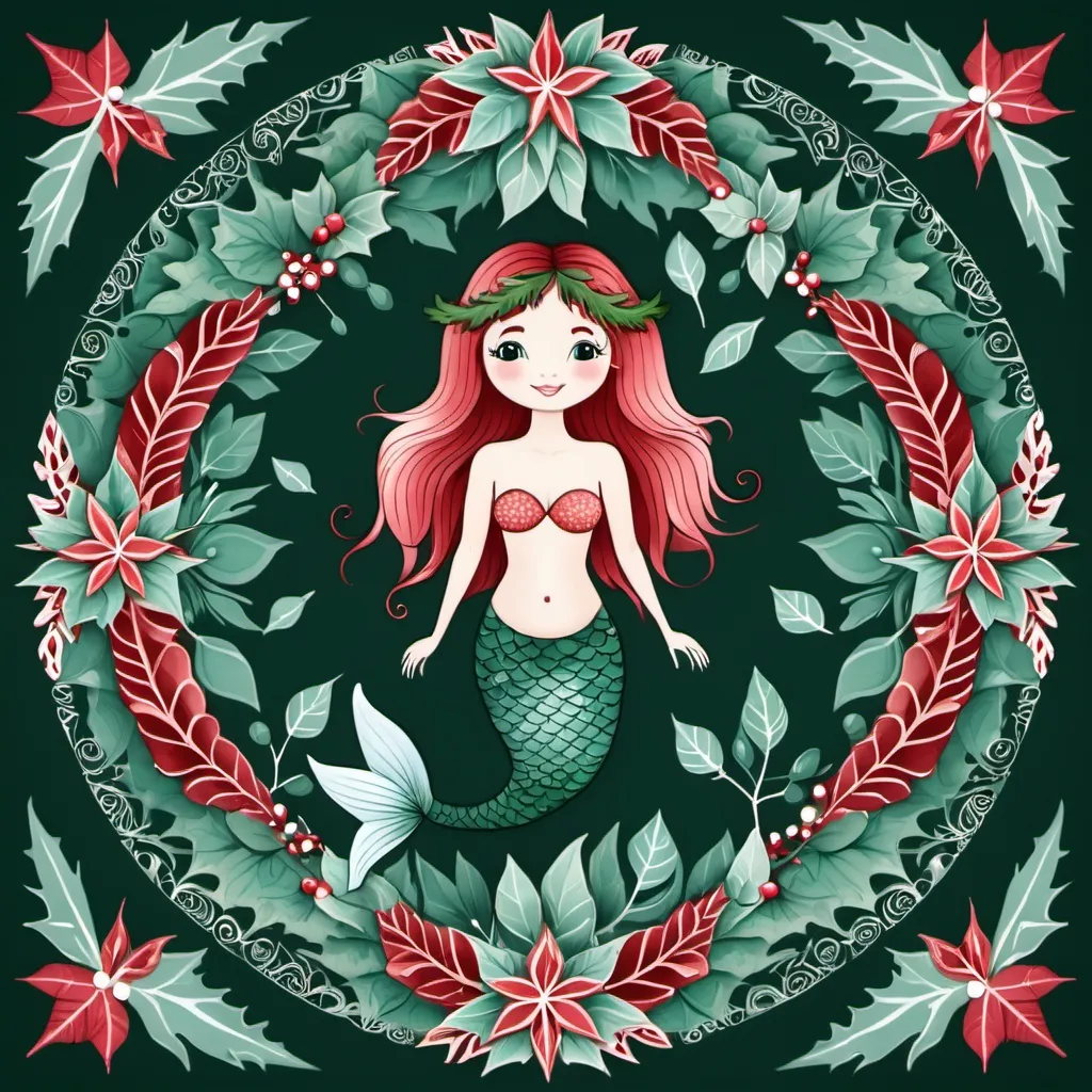 Prompt: A christmas mermaid mandala with leaves all around the corners.