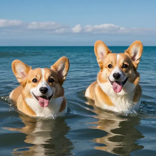 Prompt: corgis swimming in the ocean.