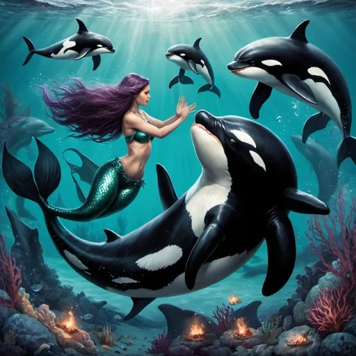 Prompt: mermaids fighting killer whales in the ocean.