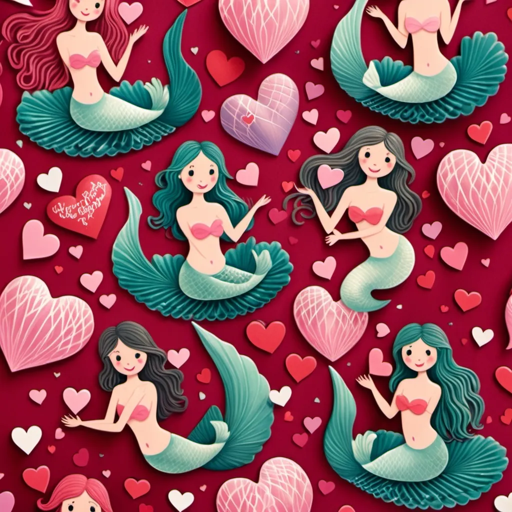 Prompt: mermaids surrounded by valentine's day hearts.
