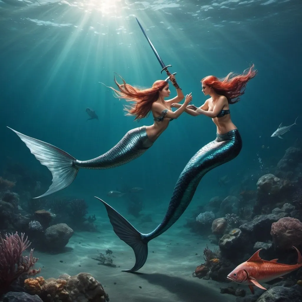 Prompt: mermaids fighting swordfish in the ocean.