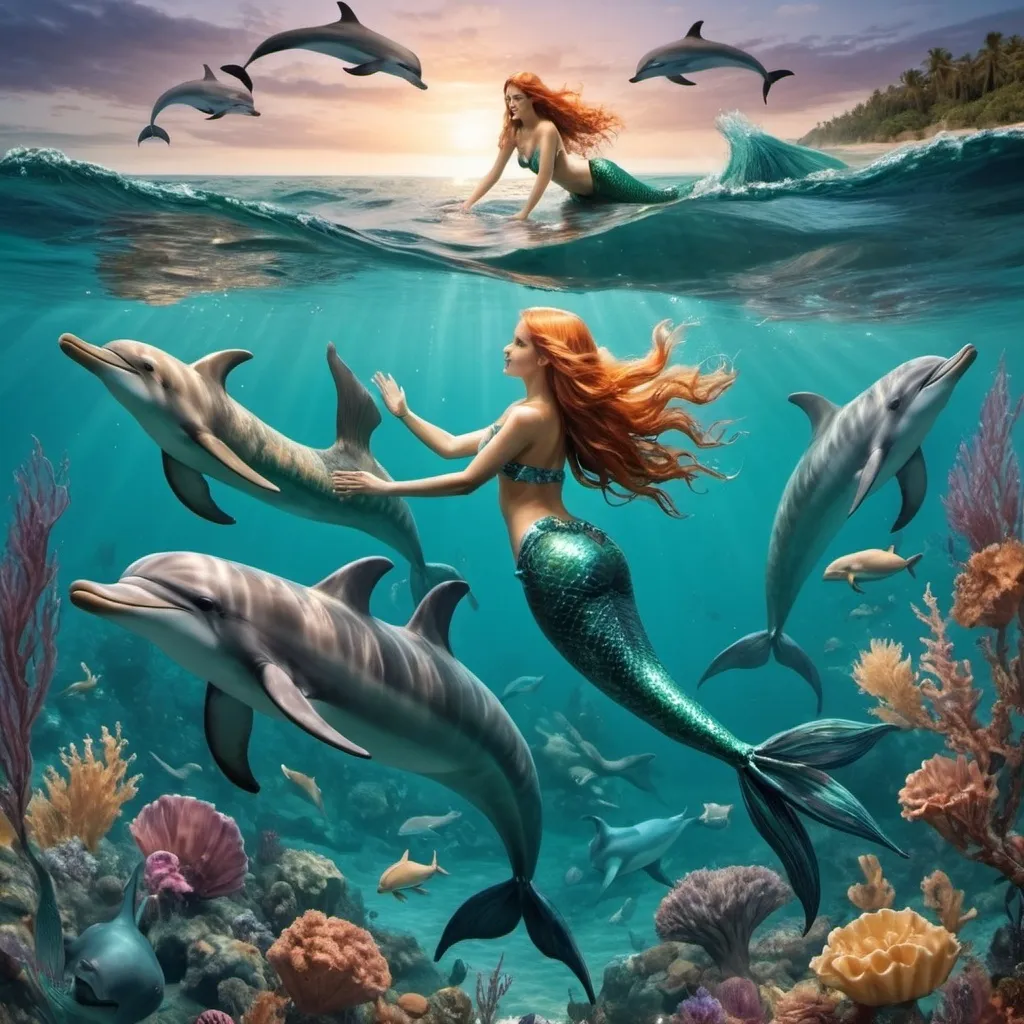 Prompt: mermaids swimming with dolphins in the ocean.