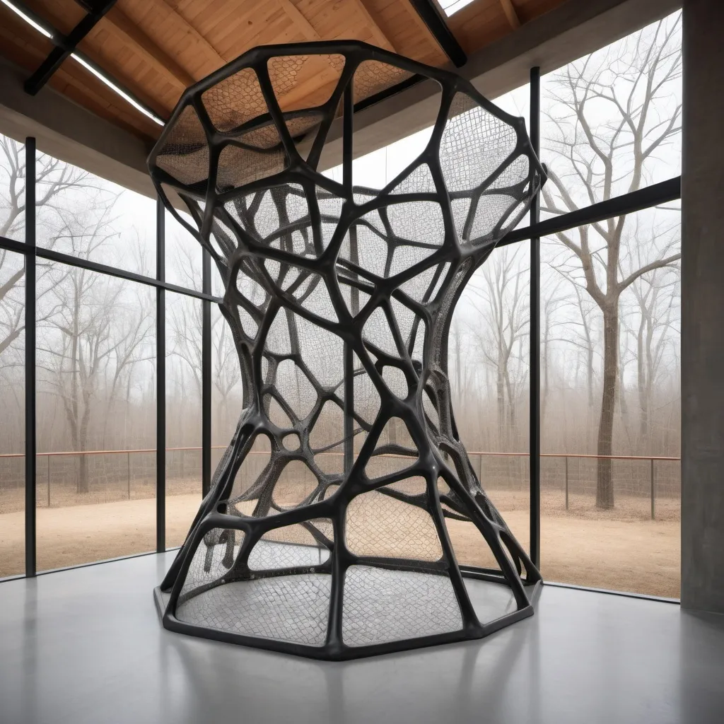 Prompt: Climbing Inside a freeform self supporting structure steel mesh girafe style