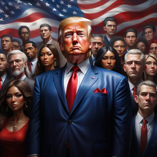 Prompt: (surrealism portrait), symbolic representation of unity, diverse ethnic groups standing together, (strong leadership), expression of defiance against the establishment government, vibrant American flag, rich colors creating emotional depth, (evocative atmosphere) filled with hope and strength, trump, dramatic high-detail design, capturing the spirit of American resilience, (4K resolution) for striking visual impact.