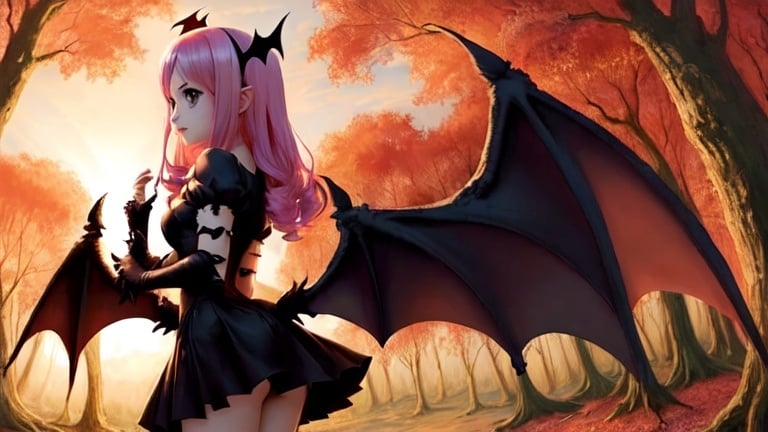 Prompt: a cute girl with bat wings and devil tail stand in the fairytail forest when sunrise