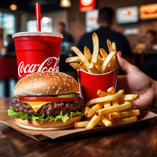 Prompt: Ultra-realistic photo of a hamburger with fries and a Coke in a fast-food restaurant setting, a hand holding the Coke beverage. Capture fine details like realistic textures and lighting to mimic a bad-quality phone camera shot, showcasing a lively fast-food atmosphere, realistic, hyperrealistic, very detailed, real world, medium quality photo, a litte bit grainy, the ingredients must look very real, detailed with imperfections