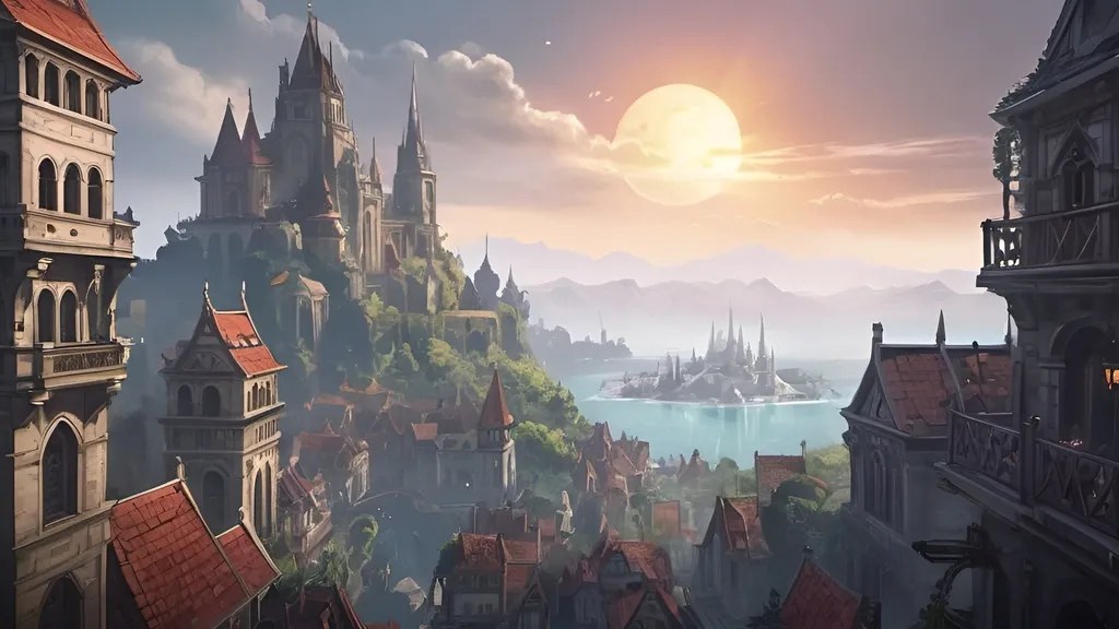 Prompt: Make a drawing of a city filled with advanced technology and mana (magical ability), with an art similar to the divinity original sin 2 cinematic intro
