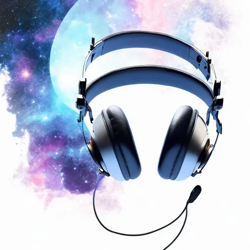 Prompt: 

"Create an artwork featuring a pair of headphones floating in space against a white background. The headphones are playing music, and the surroundings should evoke a cosmic or universe-like atmosphere."