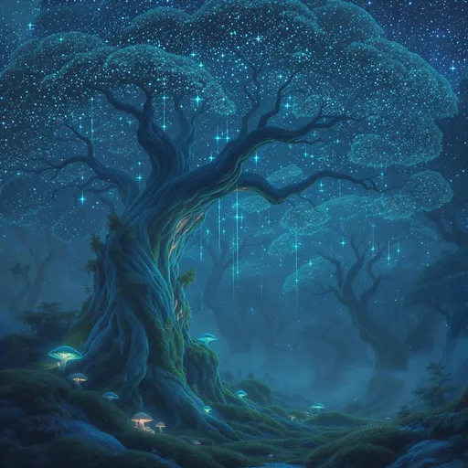Prompt: /imagine prompt: Serene ancient forest at dusk, deep indigo and soft moss green color scheme. Giant crystalline trees with glowing teal veins, bioluminescent mushrooms and moss carpet. Canopy of oversized starry leaves filtering ultra-soft starlight, background dissolved into bokeh nebulae. Gentle mist, zero contrast, extreme soft focus, painterly brushstrokes, Star Rail sci-fi fantasy ambiance, sleep aid wallpaper --ar 16:9 --style raw --no animals, insects, bright lights, sharp details