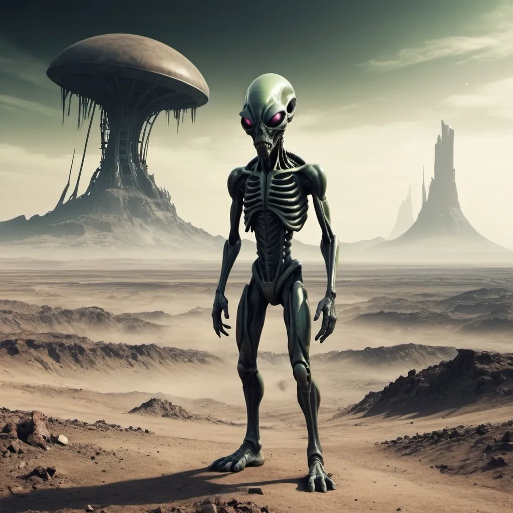 Prompt: a scenic wasteland with a evil dubstep alien