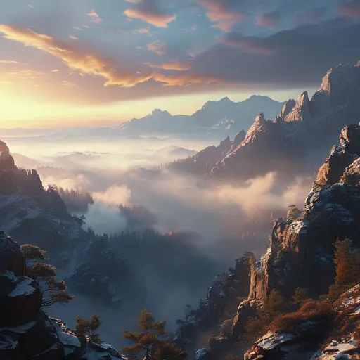 Prompt: "A serene foggy mountain sunrise with golden sunlight illuminating rugged peaks. Mist blankets the valleys, revealing patches of forest through the haze. The sky transitions from deep blue to soft pastels of orange and pink, with wispy clouds enhancing the calm, mystical atmosphere. Distant mountains fade into the fog, creating a layered, dreamy effect."

