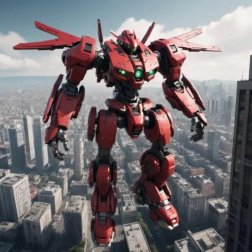 Prompt: Mecha with one red eye, flying over a city, full-body, cinematic render